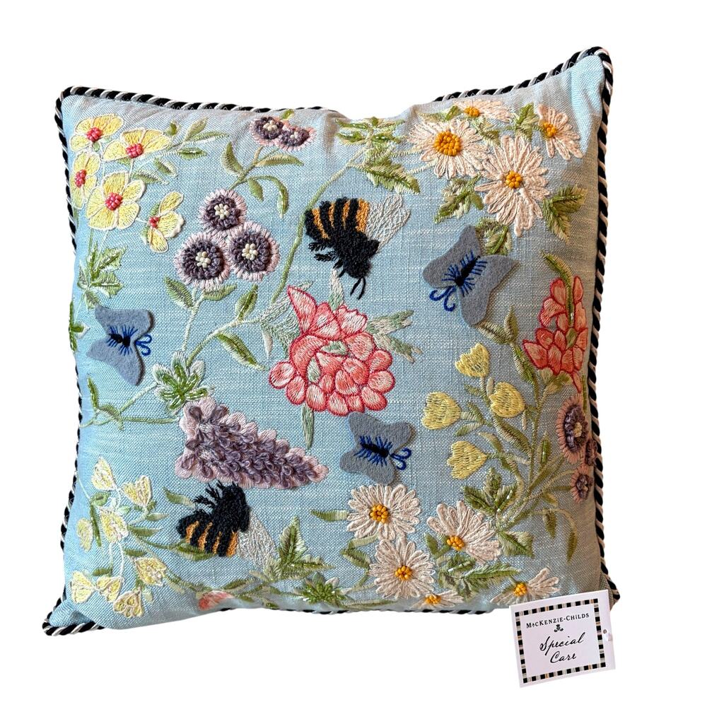 NEW Mackenzie-Childs Floral & Bee Throw Pillow 18x18 Embroidered Spring Decor